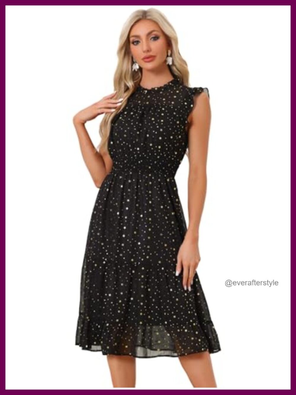 Chiffon Midi Dress Sleeveless Smocked Waist Metallic Stars Fit Flare
